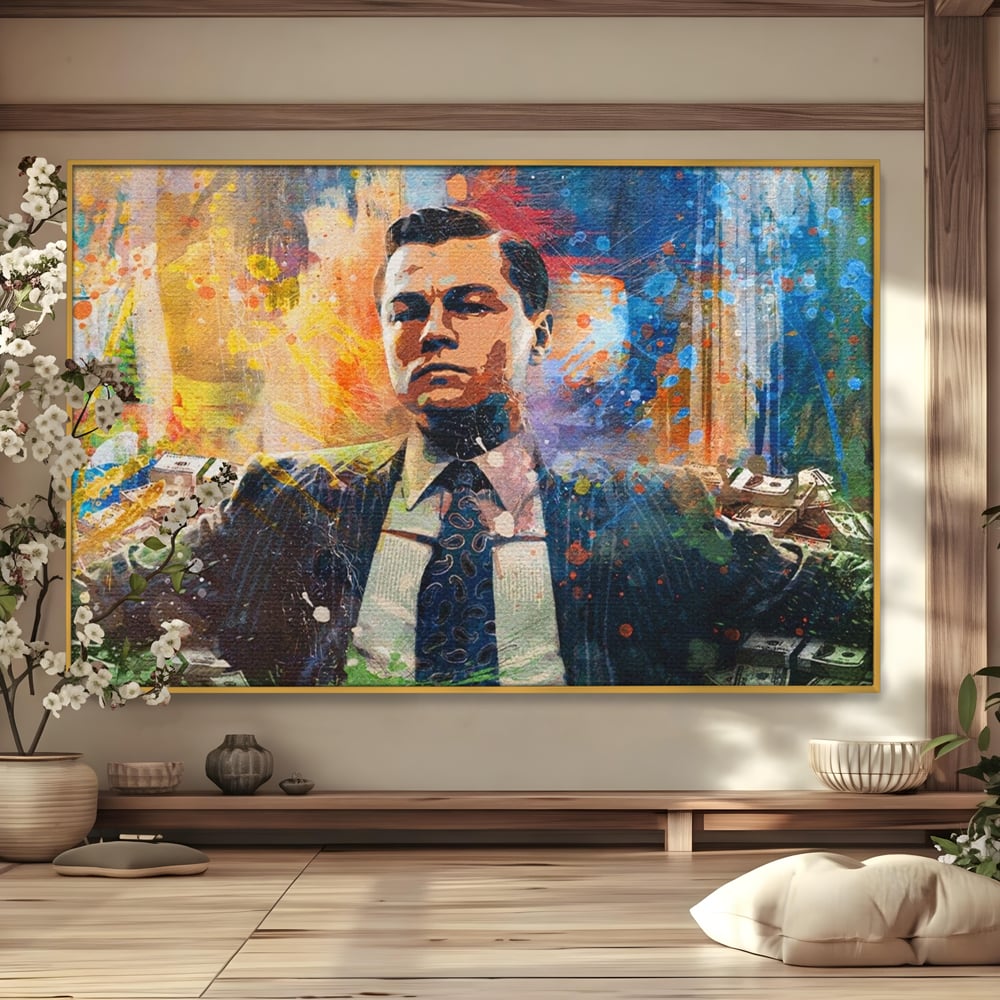 Tablou canvas cu tablou canvas cu leonardo dicaprio si bani, in rama de aluminiu auriu